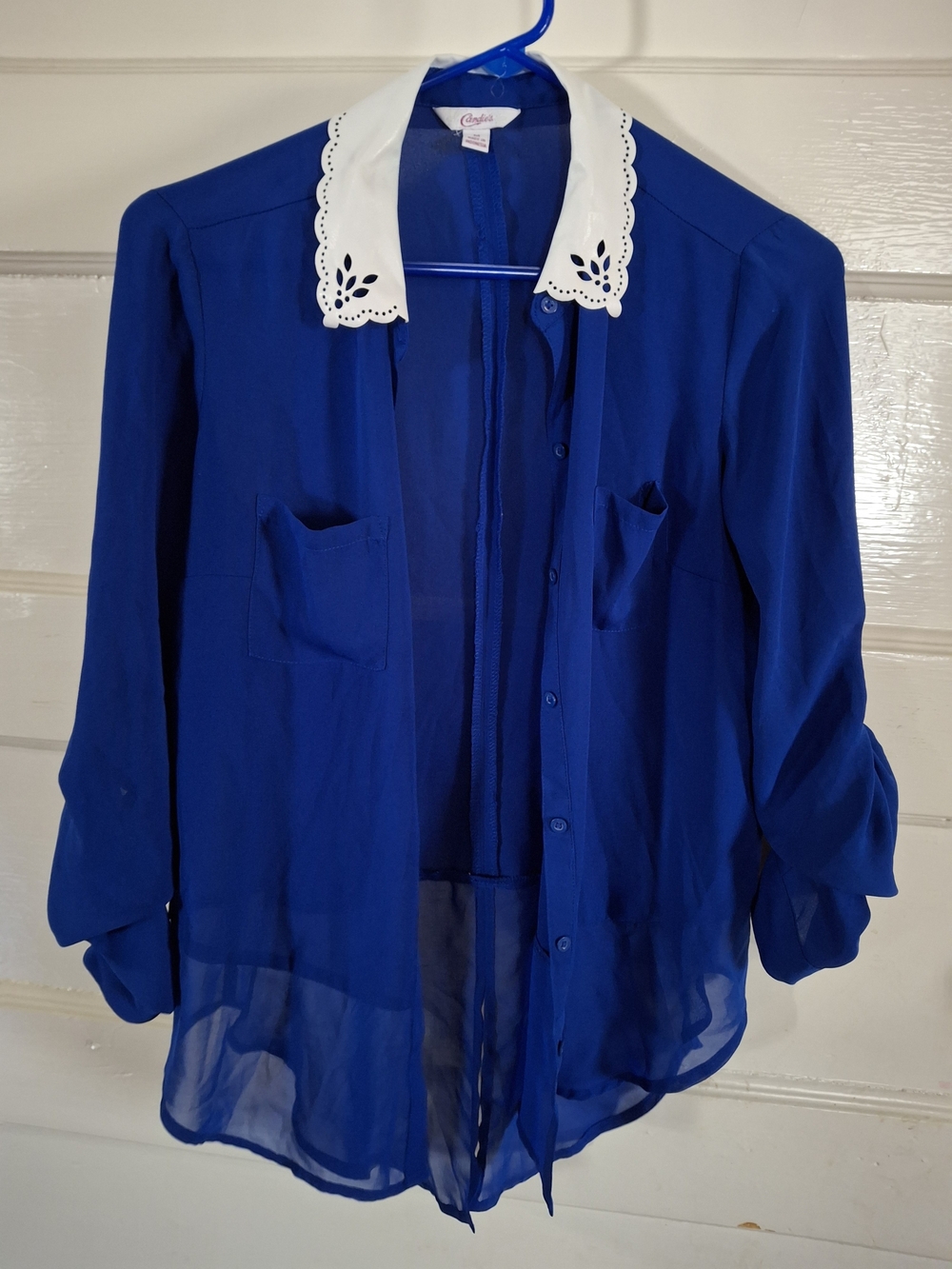 Candie’s Blue Sheer Blouse White Eyelet Collar Size Medium (MIS 549)